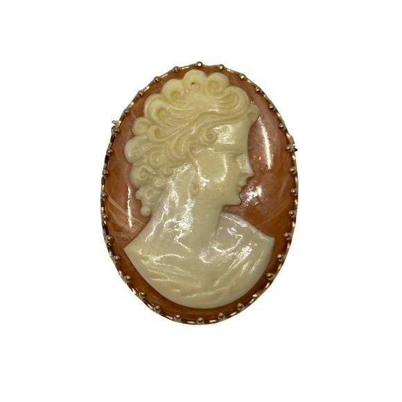 Jewelry - Vintage Gold Tone Oval Cameo Brooch Female Profile Orange Cream Victorian Style